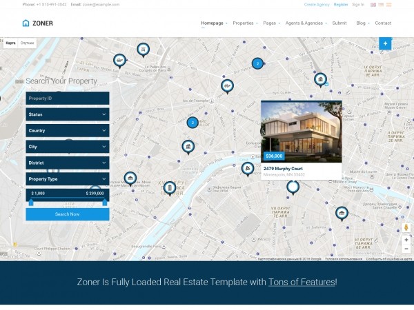 Полноэкранный шаблон сайта с картой отелей